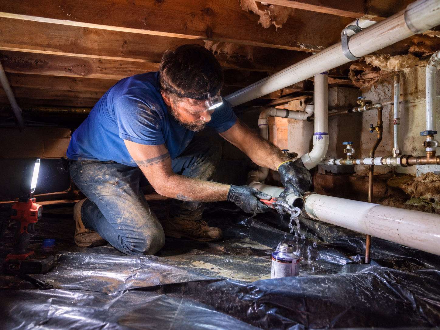 Plumber repairing a leaking pipe in a home's crawlspace
