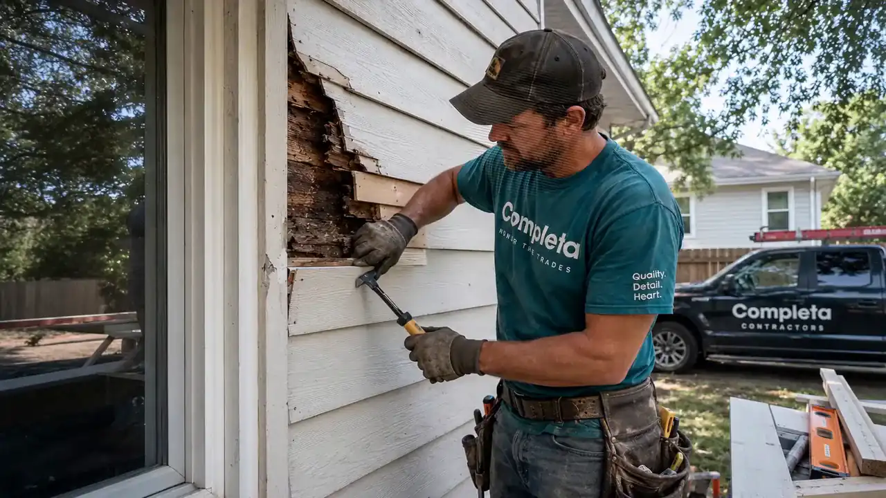 A Completa contractor repairing exterior siding at an Austin home