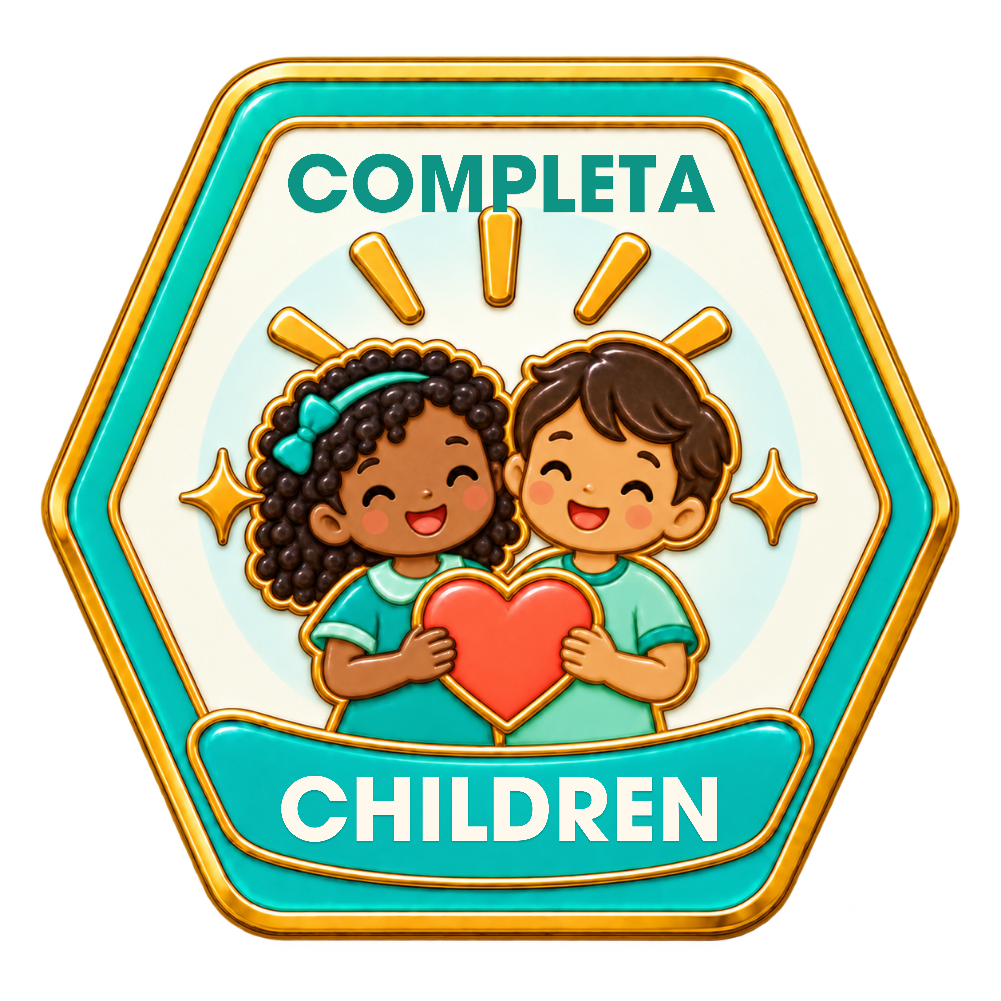 Completa Children badge with two children holding a heart