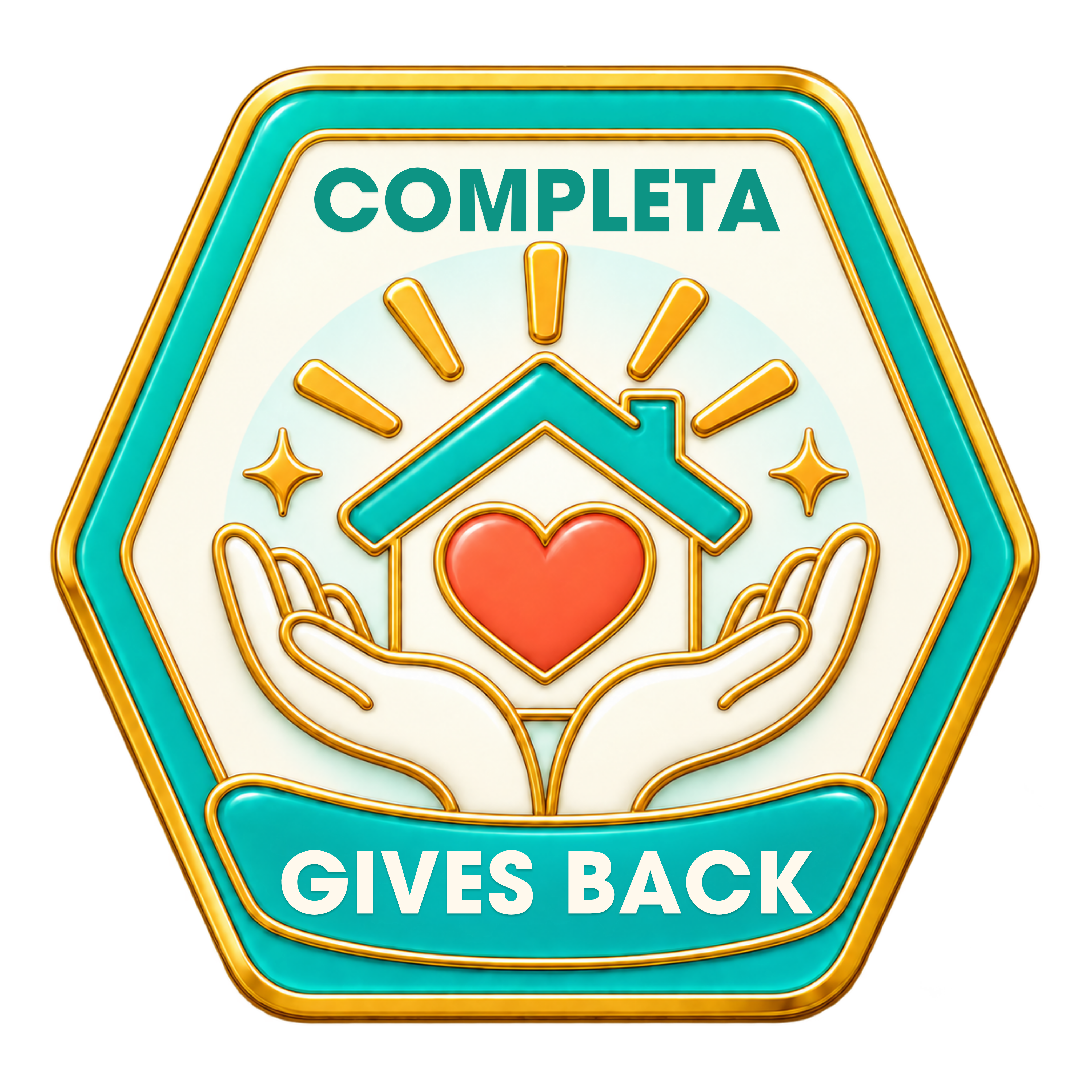 Completa Gives Back community badge: hands holding a home and heart