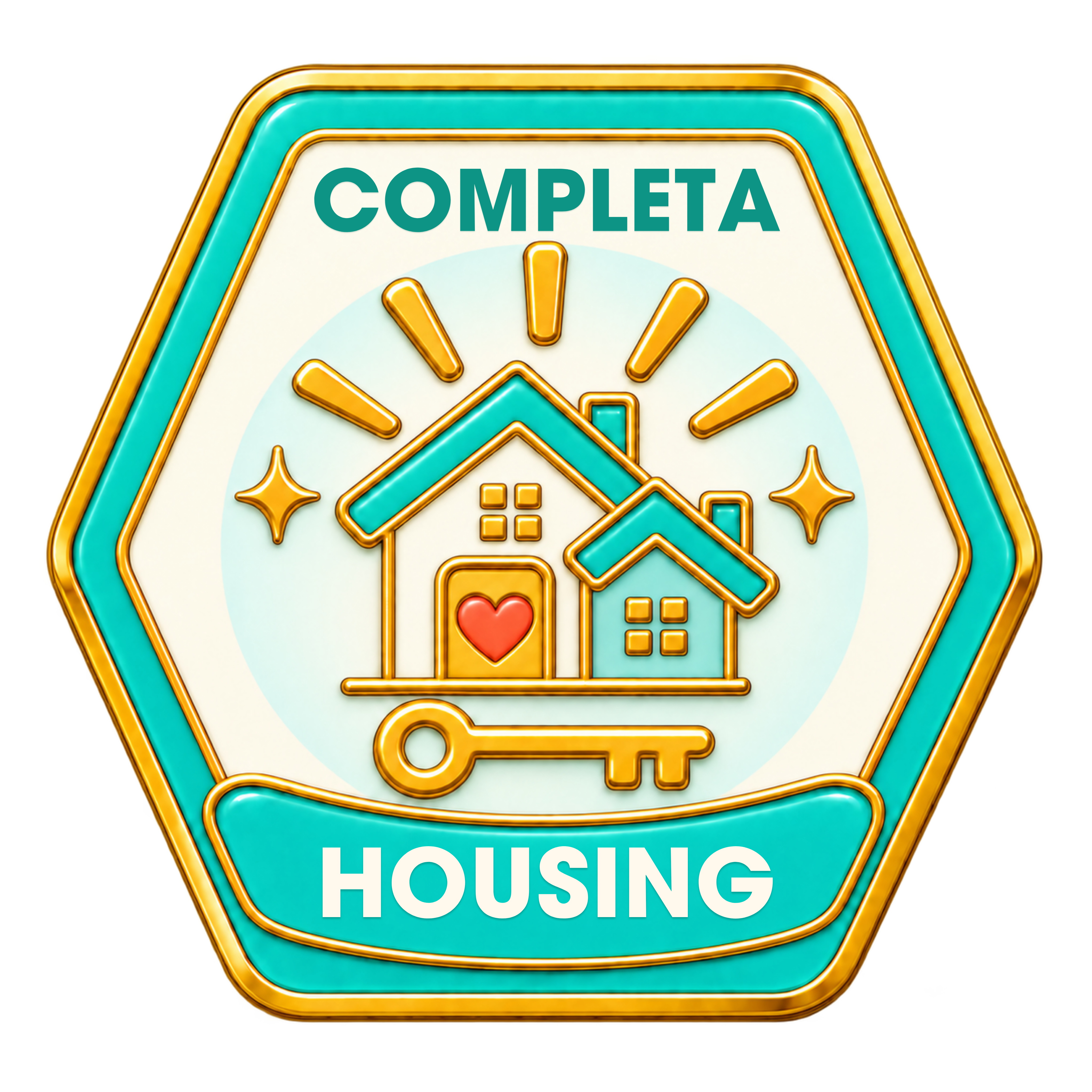Completa Housing badge with homes, a heart, and a key