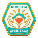 Completa Gives Back community badge: hands holding a home and heart
