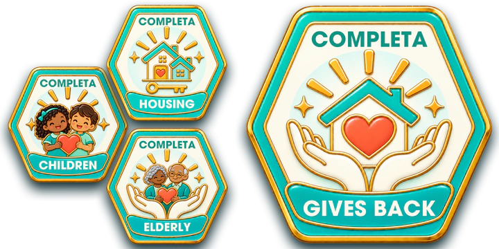Completa Gives Back badge with its Housing, Children and Elderly causes